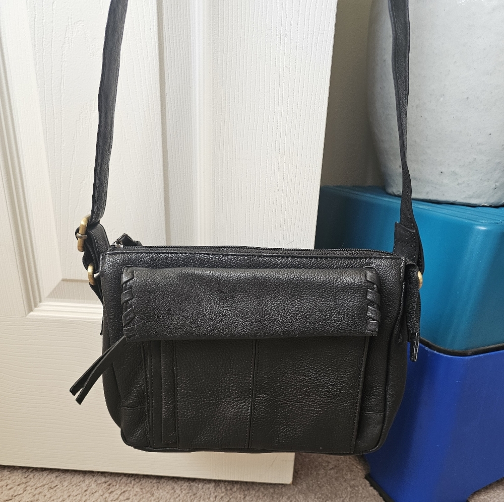 Genuine black leather crossbody